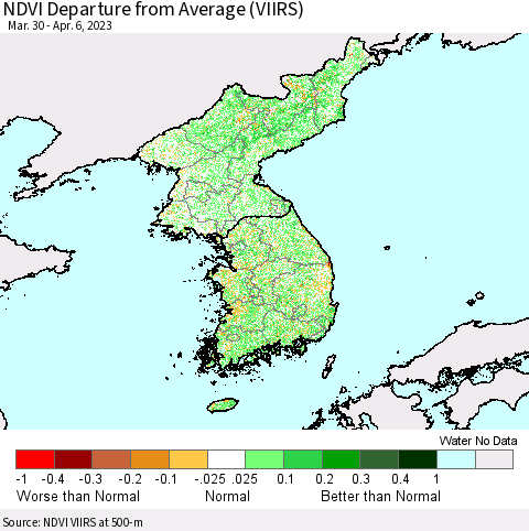 Korea NDVI Departure from Average (VIIRS) Thematic Map For 3/30/2023 - 4/6/2023
