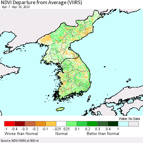 Korea NDVI Departure from Average (VIIRS) Thematic Map For 4/7/2023 - 4/14/2023