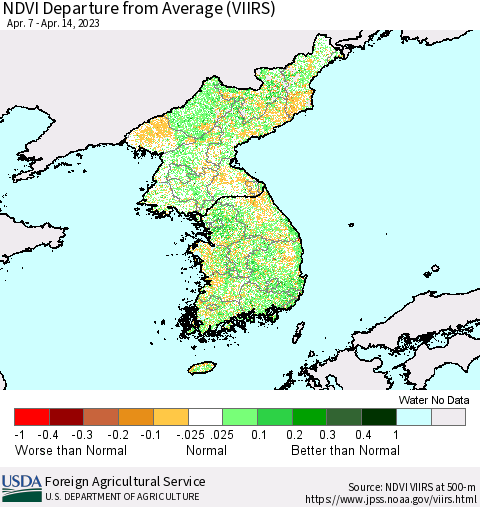 Korea NDVI Departure from Average (VIIRS) Thematic Map For 4/11/2023 - 4/20/2023
