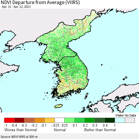 Korea NDVI Departure from Average (VIIRS) Thematic Map For 4/15/2023 - 4/22/2023