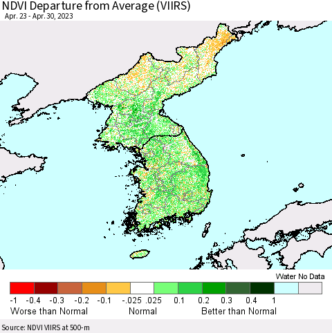Korea NDVI Departure from Average (VIIRS) Thematic Map For 4/21/2023 - 4/30/2023
