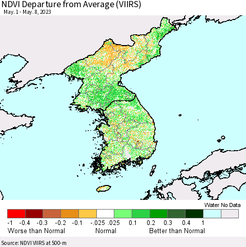 Korea NDVI Departure from Average (VIIRS) Thematic Map For 5/1/2023 - 5/8/2023