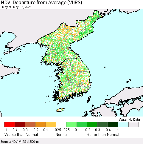 Korea NDVI Departure from Average (VIIRS) Thematic Map For 5/9/2023 - 5/16/2023