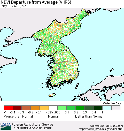 Korea NDVI Departure from Average (VIIRS) Thematic Map For 5/11/2023 - 5/20/2023