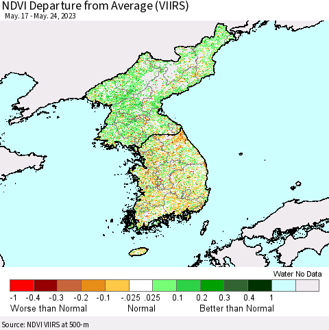 Korea NDVI Departure from Average (VIIRS) Thematic Map For 5/17/2023 - 5/24/2023