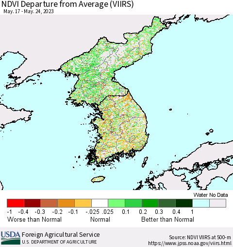 Korea NDVI Departure from Average (VIIRS) Thematic Map For 5/21/2023 - 5/31/2023