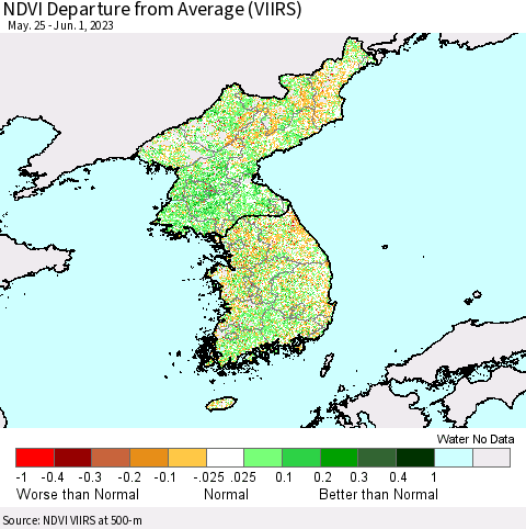 Korea NDVI Departure from Average (VIIRS) Thematic Map For 5/25/2023 - 6/1/2023