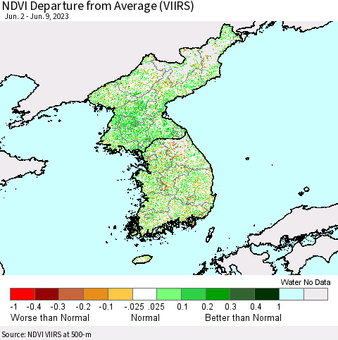 Korea NDVI Departure from Average (VIIRS) Thematic Map For 6/2/2023 - 6/9/2023