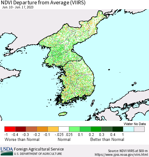 Korea NDVI Departure from Average (VIIRS) Thematic Map For 6/11/2023 - 6/20/2023