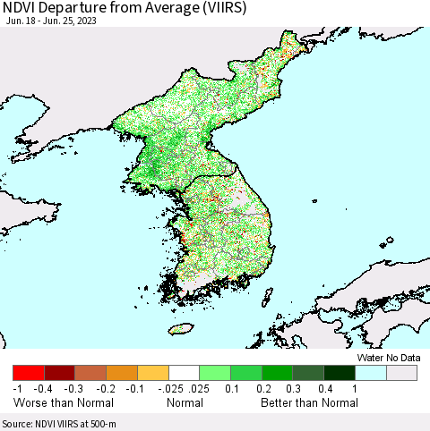 Korea NDVI Departure from Average (VIIRS) Thematic Map For 6/18/2023 - 6/25/2023