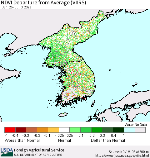 Korea NDVI Departure from Average (VIIRS) Thematic Map For 7/1/2023 - 7/10/2023