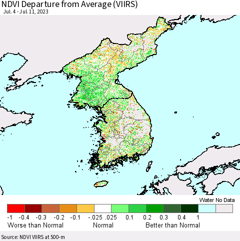 Korea NDVI Departure from Average (VIIRS) Thematic Map For 7/4/2023 - 7/11/2023