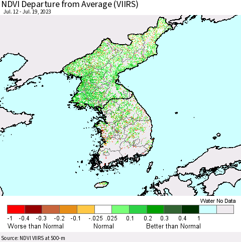 Korea NDVI Departure from Average (VIIRS) Thematic Map For 7/12/2023 - 7/19/2023