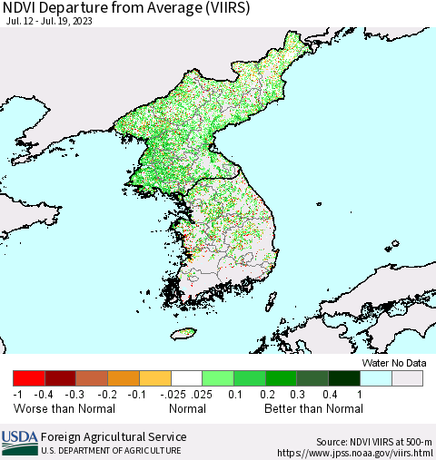 Korea NDVI Departure from Average (VIIRS) Thematic Map For 7/11/2023 - 7/20/2023