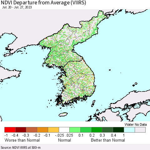 Korea NDVI Departure from Average (VIIRS) Thematic Map For 7/20/2023 - 7/27/2023