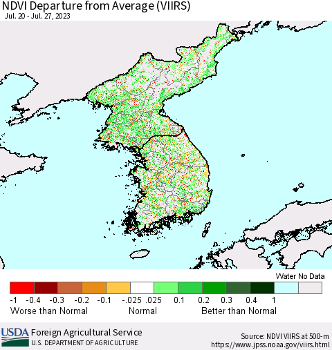 Korea NDVI Departure from Average (VIIRS) Thematic Map For 7/21/2023 - 7/31/2023