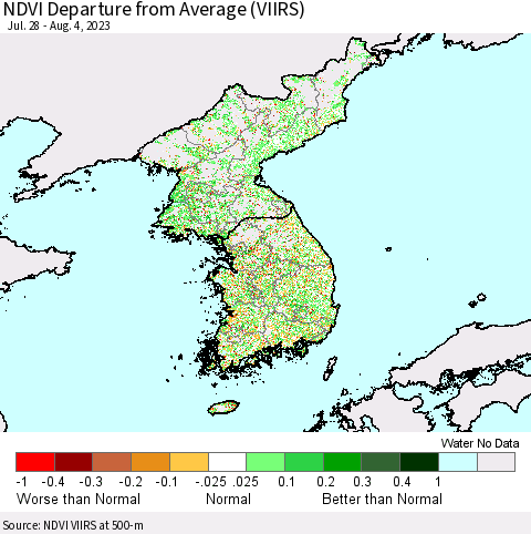 Korea NDVI Departure from Average (VIIRS) Thematic Map For 7/28/2023 - 8/4/2023