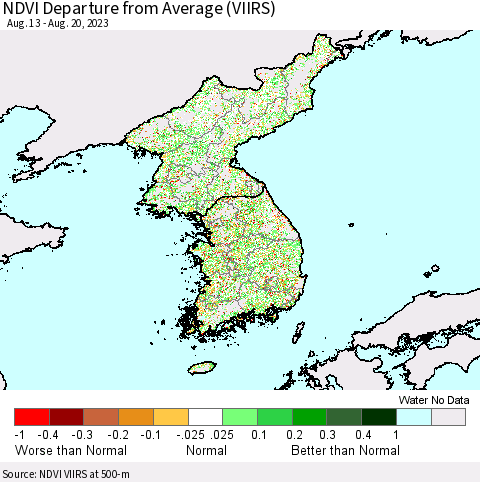 Korea NDVI Departure from Average (VIIRS) Thematic Map For 8/11/2023 - 8/20/2023