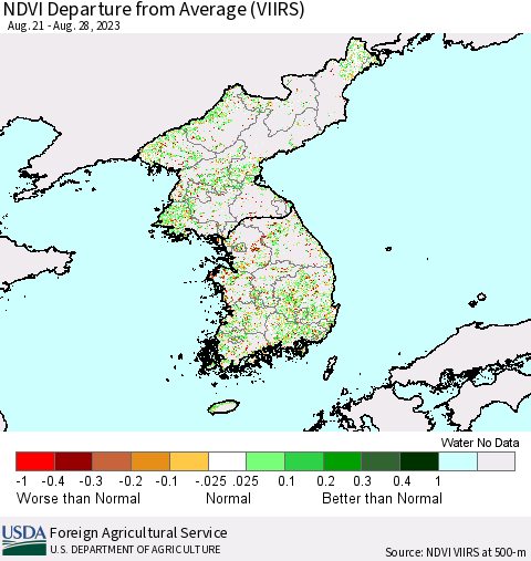 Korea NDVI Departure from Average (VIIRS) Thematic Map For 8/21/2023 - 8/31/2023