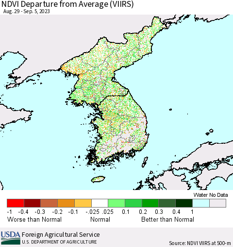 Korea NDVI Departure from Average (VIIRS) Thematic Map For 9/1/2023 - 9/10/2023
