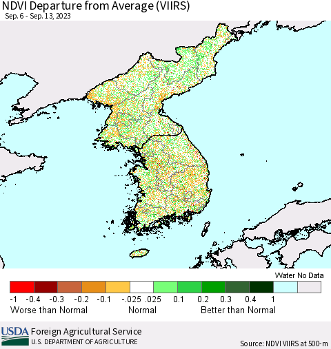Korea NDVI Departure from Average (VIIRS) Thematic Map For 9/11/2023 - 9/20/2023