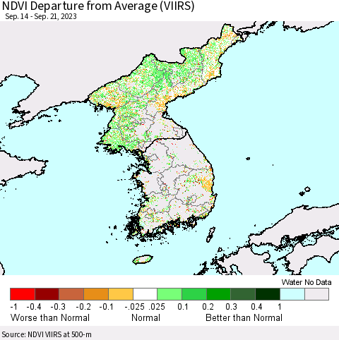 Korea NDVI Departure from Average (VIIRS) Thematic Map For 9/14/2023 - 9/21/2023