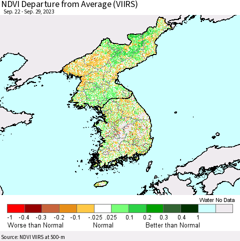 Korea NDVI Departure from Average (VIIRS) Thematic Map For 9/22/2023 - 9/29/2023