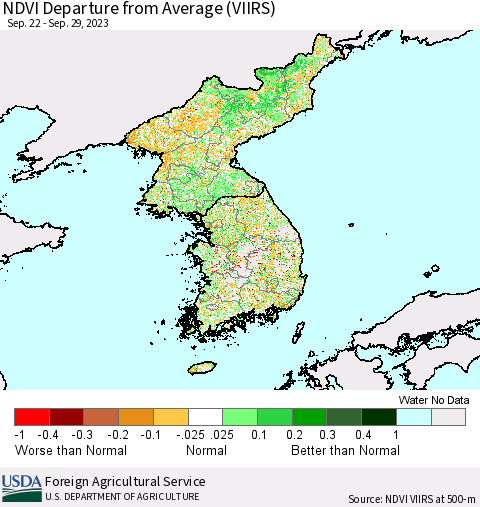 Korea NDVI Departure from Average (VIIRS) Thematic Map For 9/21/2023 - 9/30/2023