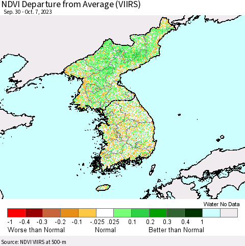 Korea NDVI Departure from Average (VIIRS) Thematic Map For 9/30/2023 - 10/7/2023
