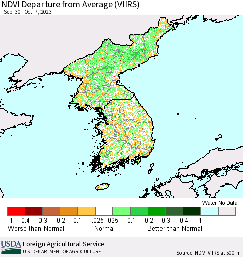 Korea NDVI Departure from Average (VIIRS) Thematic Map For 10/1/2023 - 10/10/2023