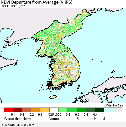 Korea NDVI Departure from Average (VIIRS) Thematic Map For 10/8/2023 - 10/15/2023