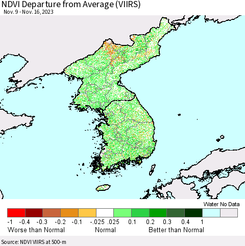 Korea NDVI Departure from Average (VIIRS) Thematic Map For 11/9/2023 - 11/16/2023