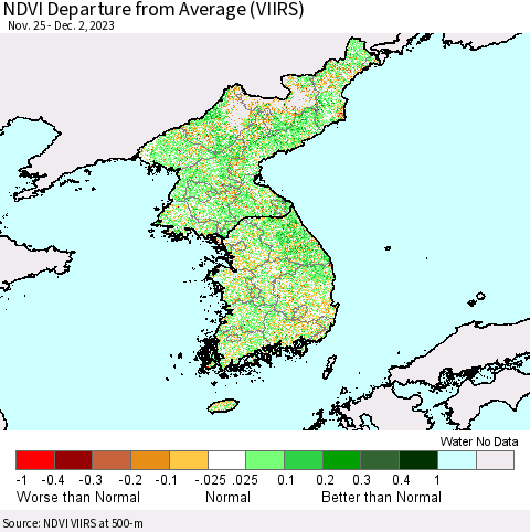Korea NDVI Departure from Average (VIIRS) Thematic Map For 11/25/2023 - 12/2/2023