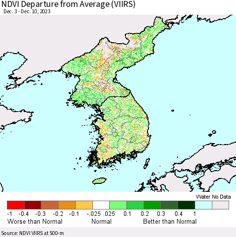 Korea NDVI Departure from Average (VIIRS) Thematic Map For 12/3/2023 - 12/10/2023