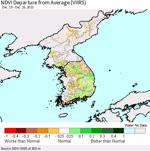 Korea NDVI Departure from Average (VIIRS) Thematic Map For 12/19/2023 - 12/26/2023
