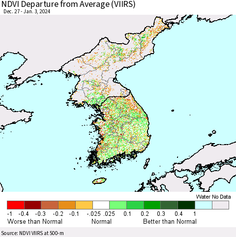 Korea NDVI Departure from Average (VIIRS) Thematic Map For 12/27/2023 - 1/3/2024