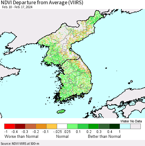 Korea NDVI Departure from Average (VIIRS) Thematic Map For 2/10/2024 - 2/17/2024
