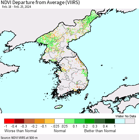 Korea NDVI Departure from Average (VIIRS) Thematic Map For 2/18/2024 - 2/25/2024