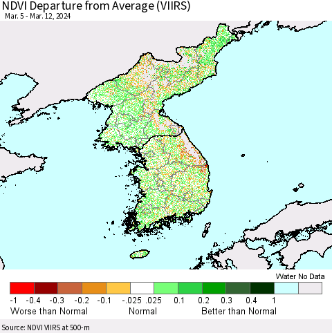 Korea NDVI Departure from Average (VIIRS) Thematic Map For 3/5/2024 - 3/12/2024