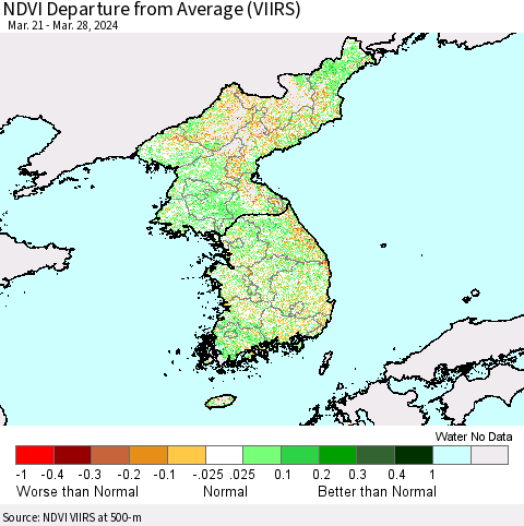 Korea NDVI Departure from Average (VIIRS) Thematic Map For 3/21/2024 - 3/28/2024