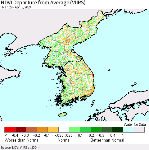 Korea NDVI Departure from Average (VIIRS) Thematic Map For 3/29/2024 - 4/5/2024