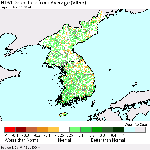 Korea NDVI Departure from Average (VIIRS) Thematic Map For 4/6/2024 - 4/13/2024