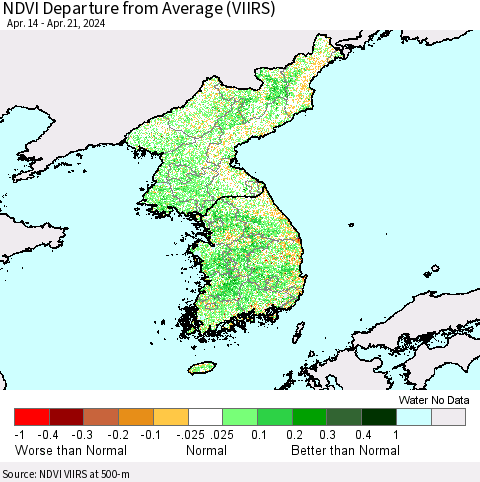 Korea NDVI Departure from Average (VIIRS) Thematic Map For 4/14/2024 - 4/21/2024