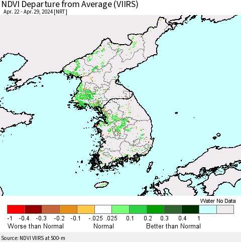Korea NDVI Departure from Average (VIIRS) Thematic Map For 4/22/2024 - 4/29/2024