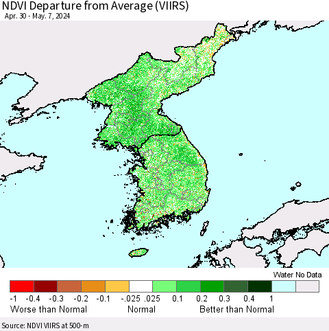 Korea NDVI Departure from Average (VIIRS) Thematic Map For 4/30/2024 - 5/7/2024