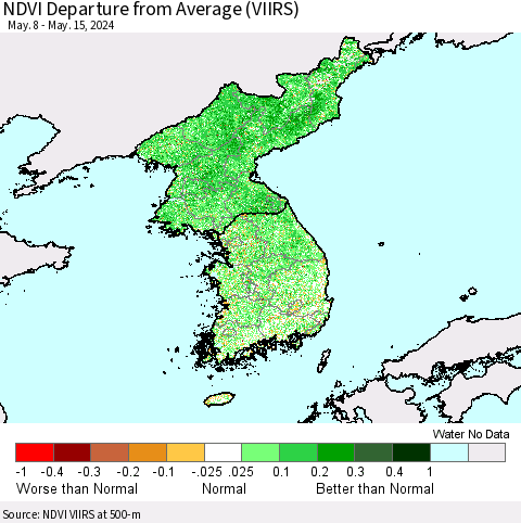 Korea NDVI Departure from Average (VIIRS) Thematic Map For 5/8/2024 - 5/15/2024