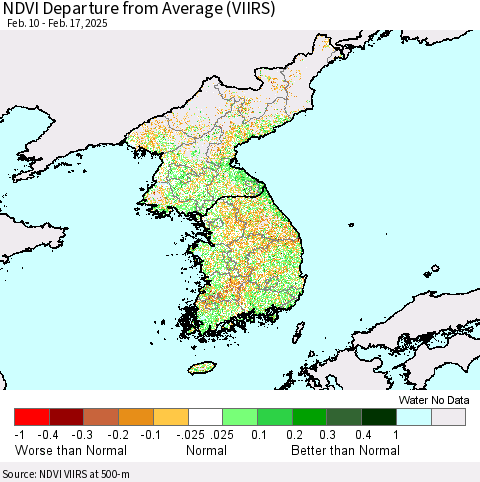 Korea NDVI Departure from Average (VIIRS) Thematic Map For 2/10/2025 - 2/17/2025