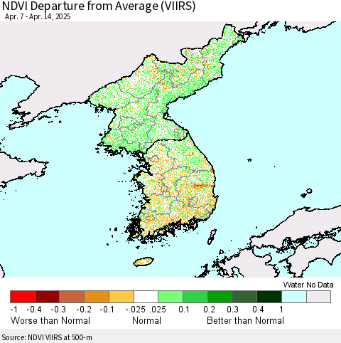 Korea NDVI Departure from Average (VIIRS) Thematic Map For 4/7/2025 - 4/14/2025