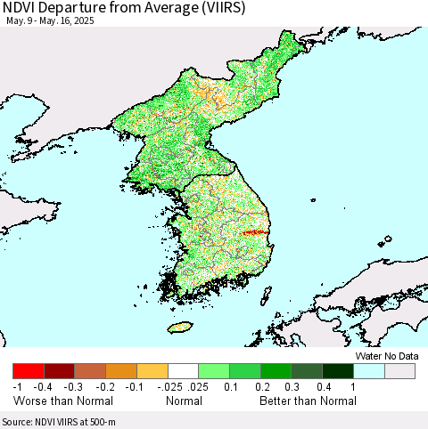 Korea NDVI Departure from Average (VIIRS) Thematic Map For 5/9/2025 - 5/16/2025
