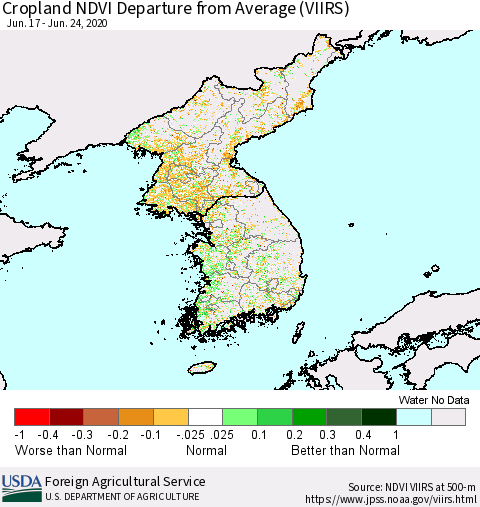 Korea Cropland NDVI Departure from Average (VIIRS) Thematic Map For 6/21/2020 - 6/30/2020